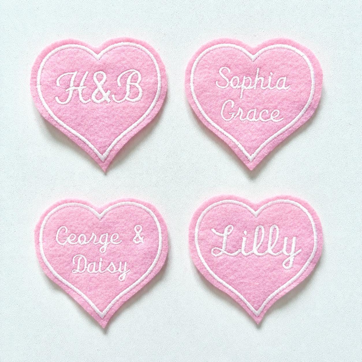 Personalised Embroidered Pink Love Heart Patch Iron On & Sew On Custom Name Text