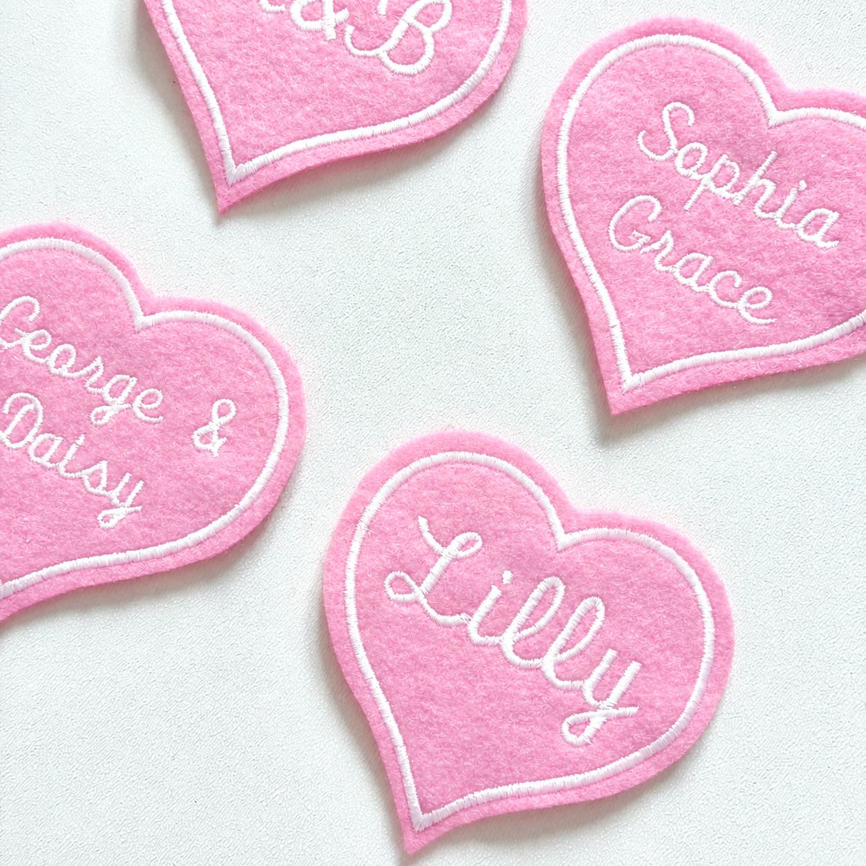 Personalised Embroidered Pink Love Heart Patch Iron On & Sew On Custom Name Text