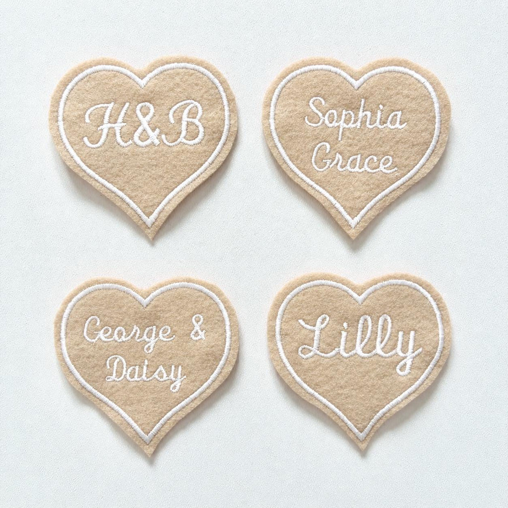 Personalised Embroidered Beige Love Heart Patch Iron On & Sew On Custom Name Text
