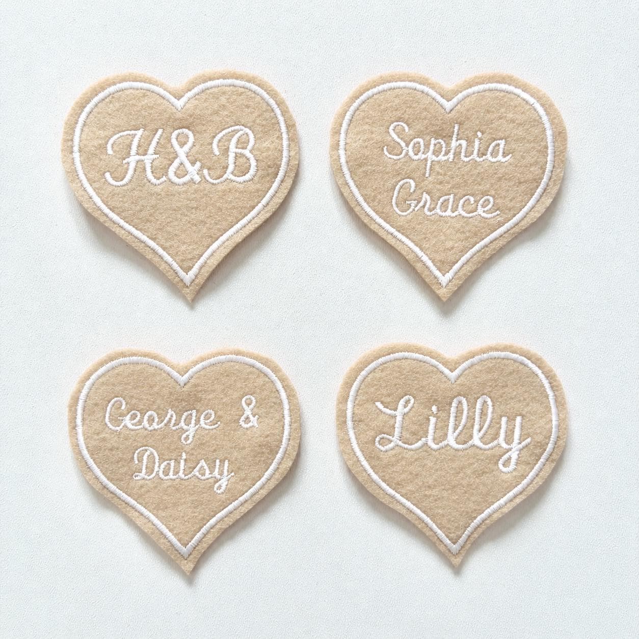Personalised Embroidered Beige Love Heart Patch Iron On & Sew On Custom Name Text