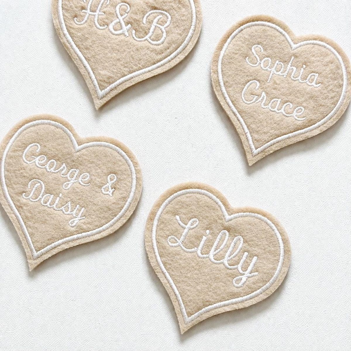 Personalised Embroidered Beige Love Heart Patch Iron On & Sew On Custom Name Text