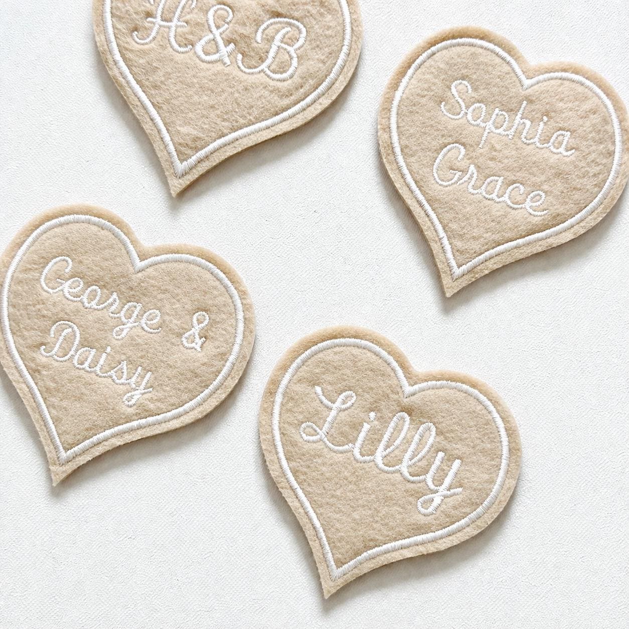 Personalised Embroidered Beige Love Heart Patch Iron On & Sew On Custom Name Text