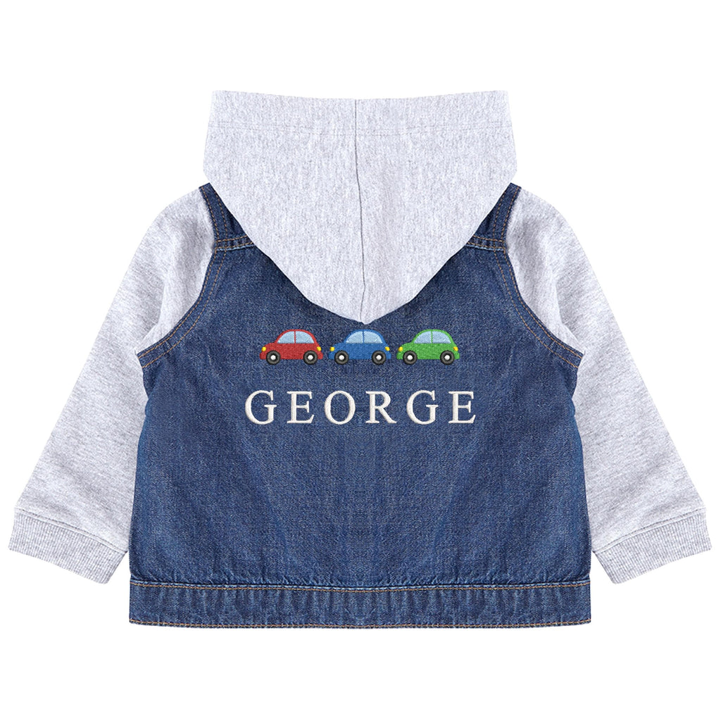 Embroidered Personalised Name Toddler & Kids Denim Jacket Boys Cars Vehicles