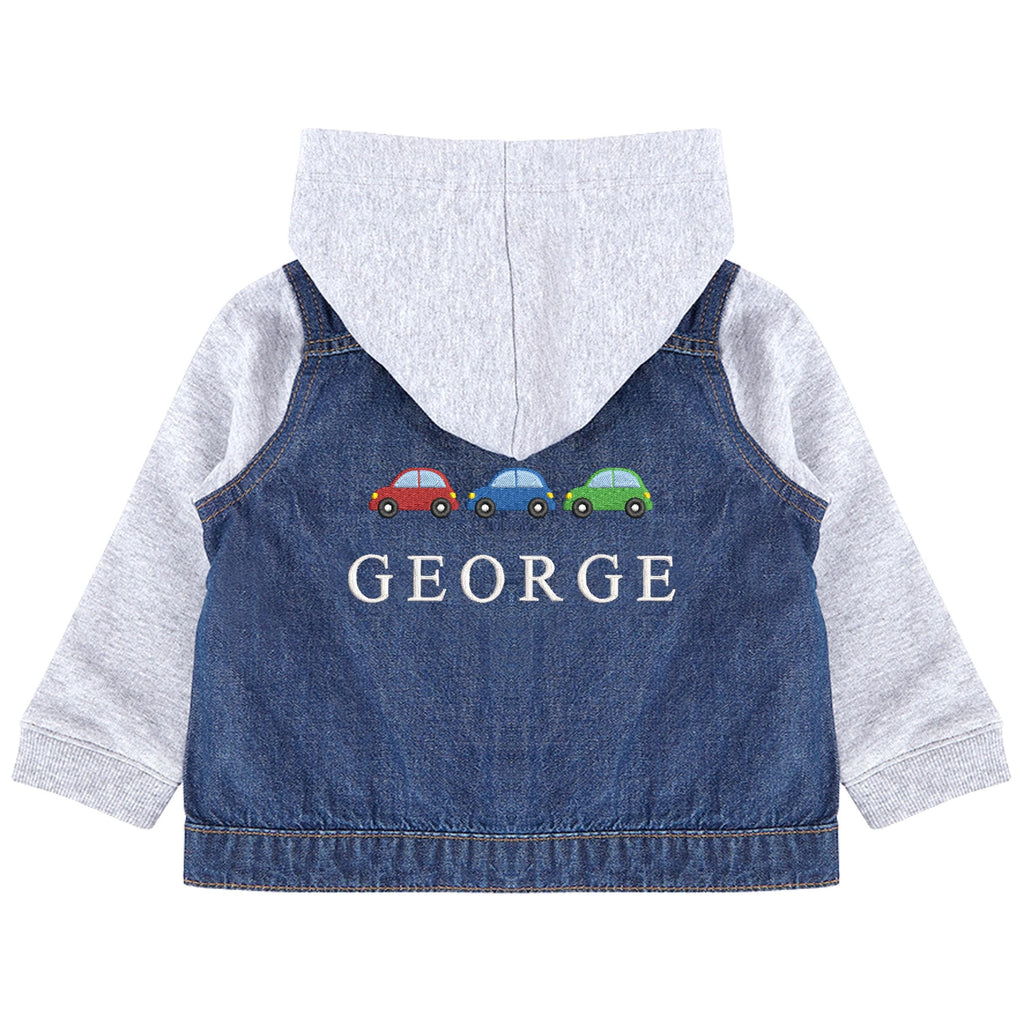 Embroidered Personalised Name Toddler & Kids Denim Jacket Boys Cars Vehicles