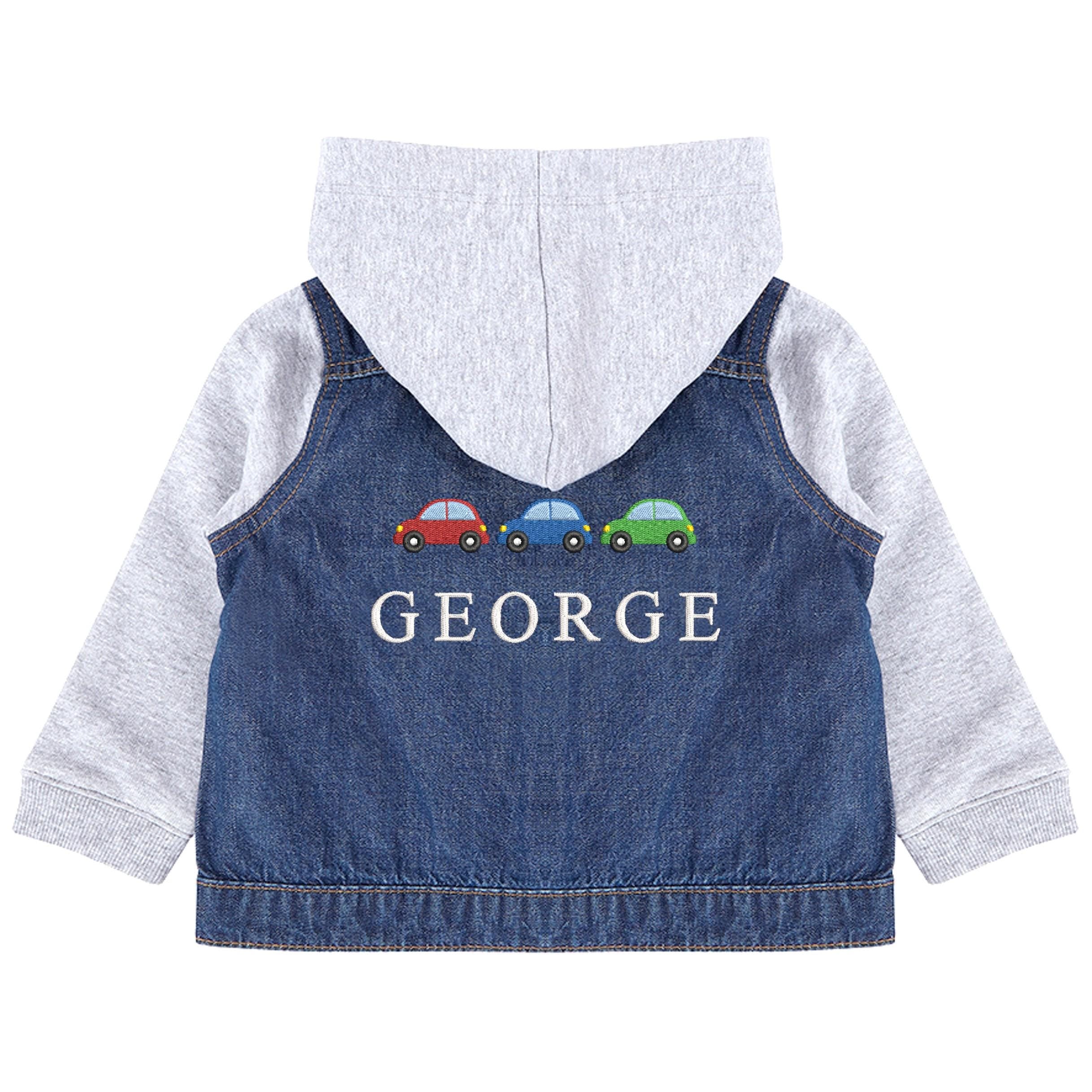 Embroidered Personalised Name Toddler & Kids Denim Jacket Boys Cars Vehicles