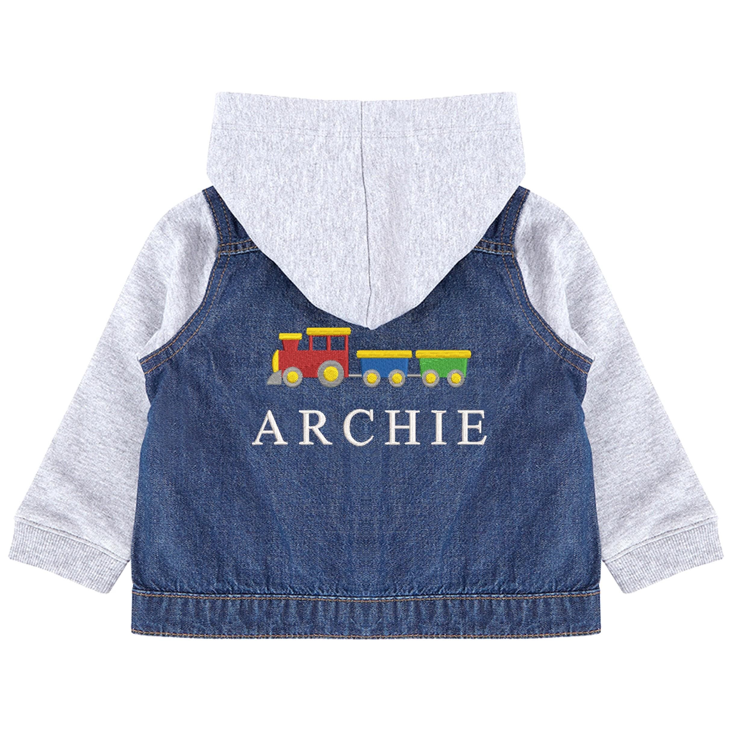 Embroidered Personalised Name Toddler & Kids Denim Jacket Boys Train Vehicles