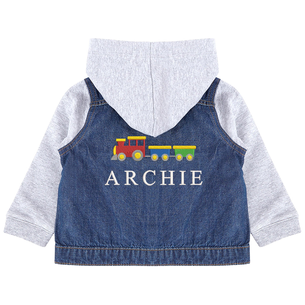 Embroidered Personalised Name Toddler & Kids Denim Jacket Boys Train Vehicles