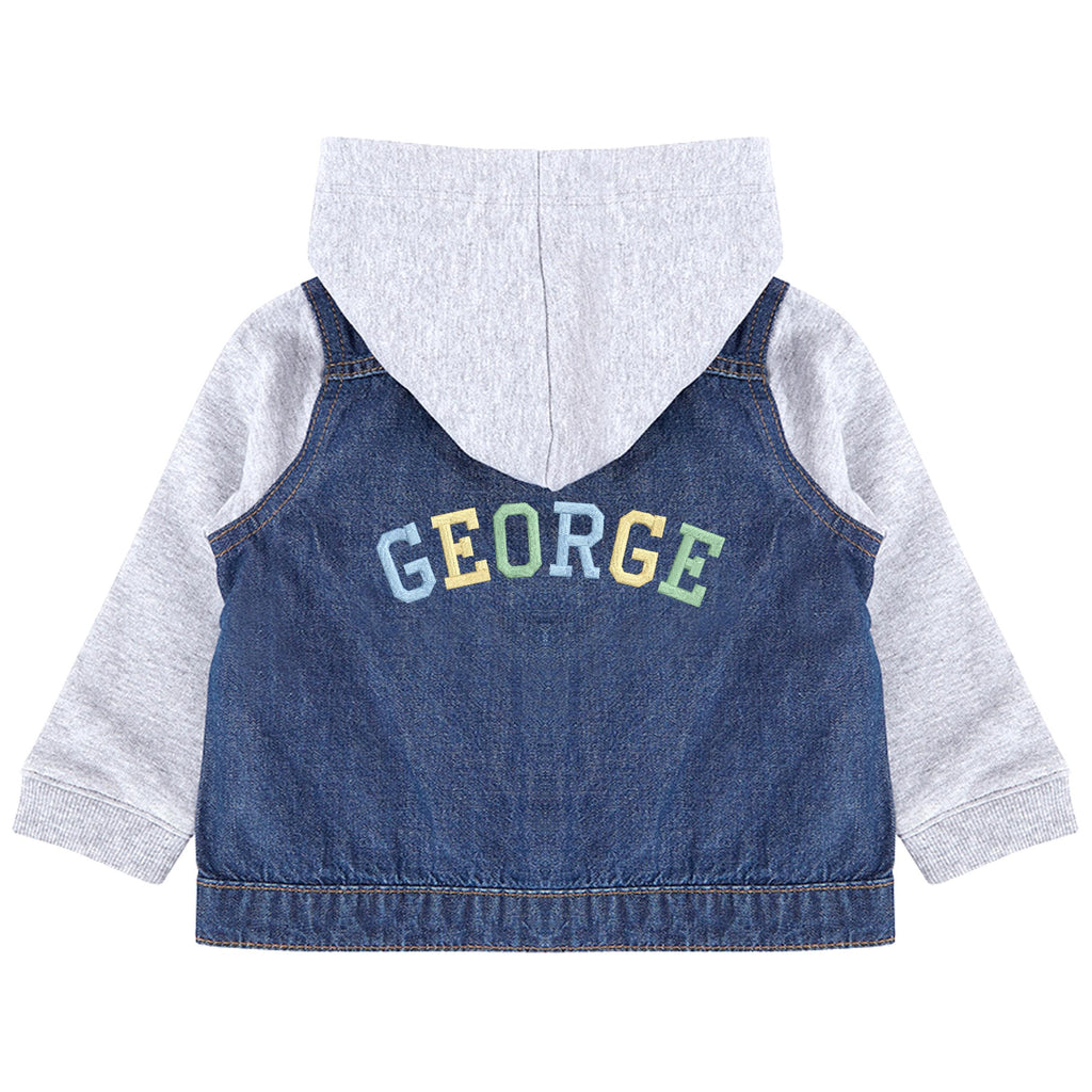 Embroidered Personalised Name Toddler & Kids Denim Jacket Boys Rainbow Varsity