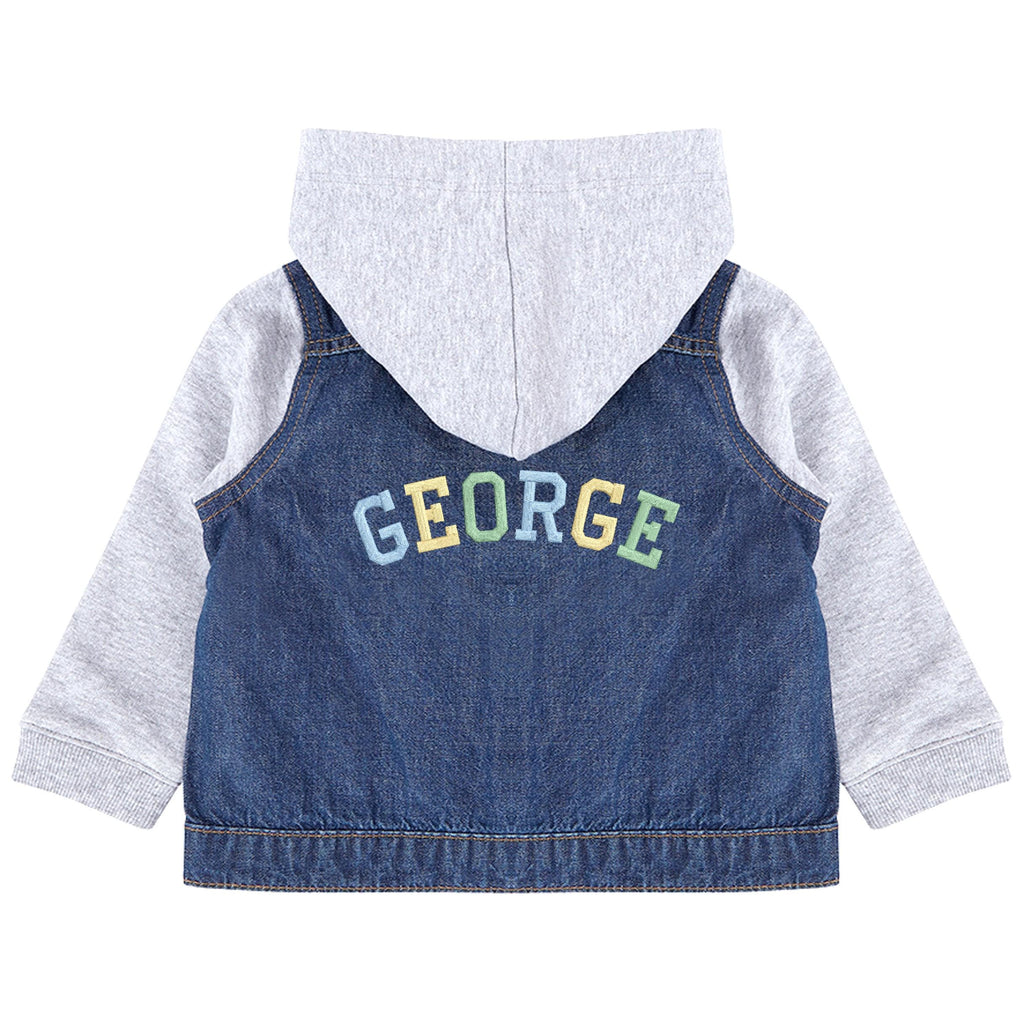 Embroidered Personalised Name Toddler & Kids Denim Jacket Boys Rainbow Varsity