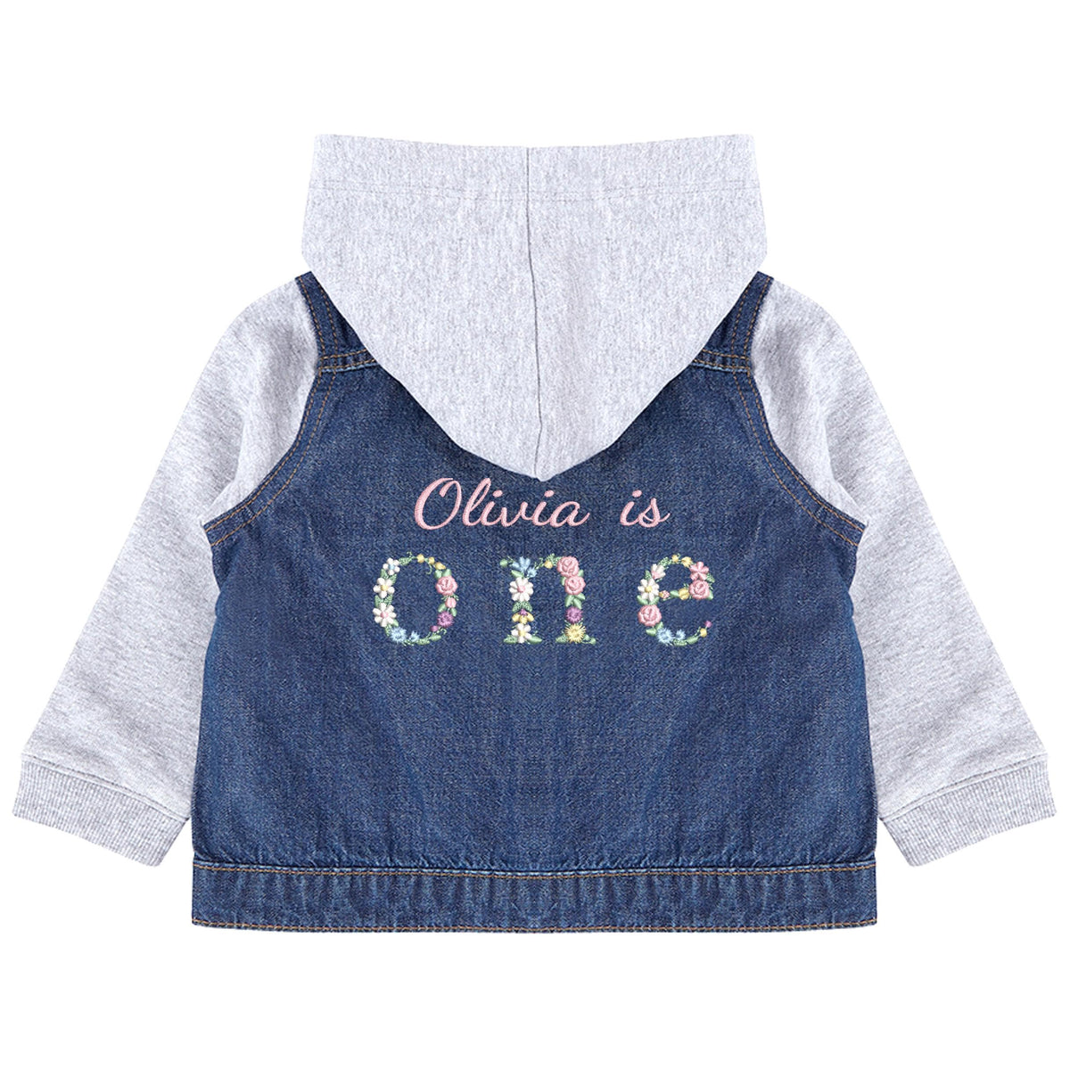 Embroidered Personalised Name Age Toddler & Kids Denim Jacket Floral 1st Birthday
