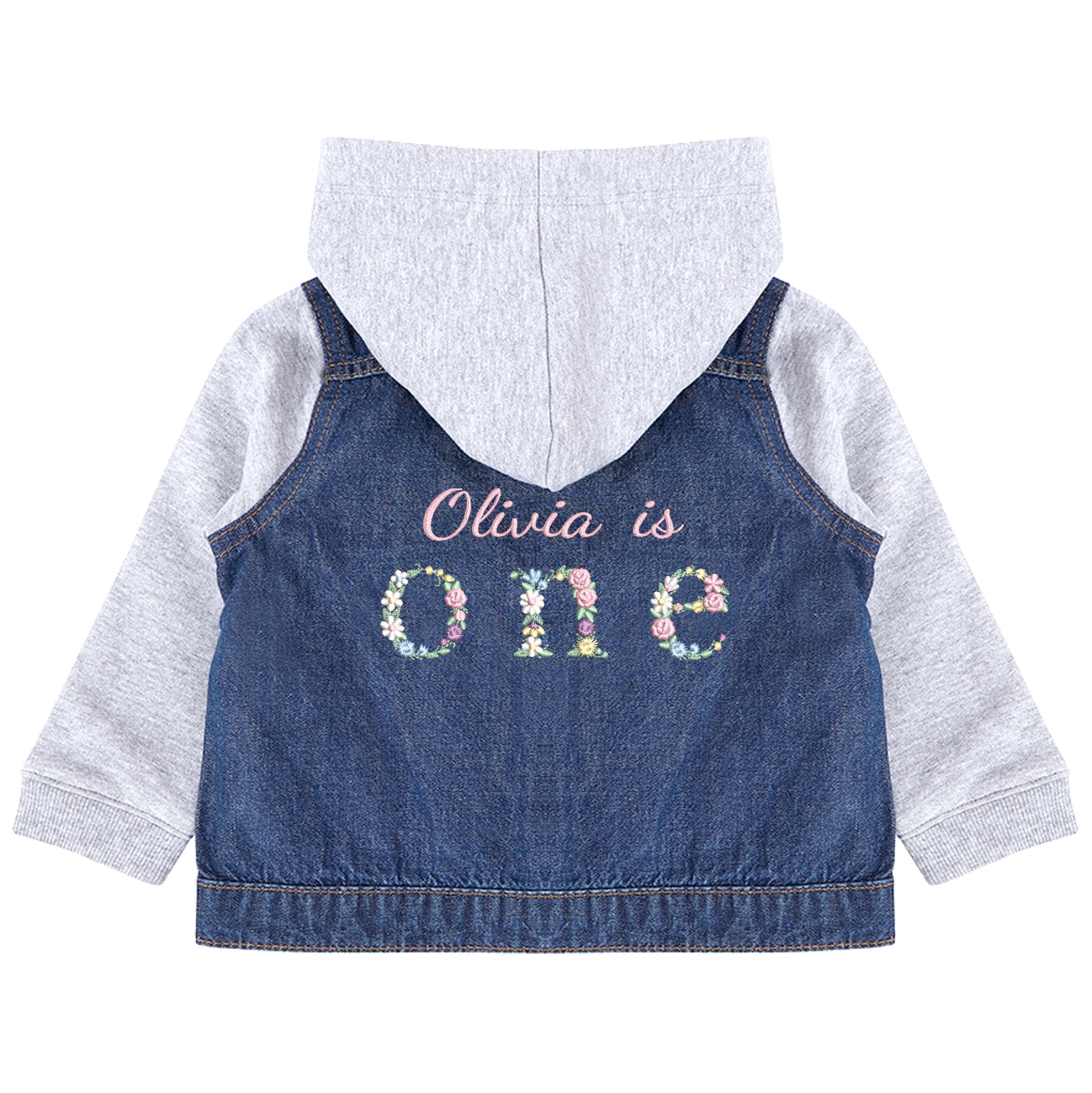 Embroidered Personalised Name Age Toddler & Kids Denim Jacket Floral 1st Birthday