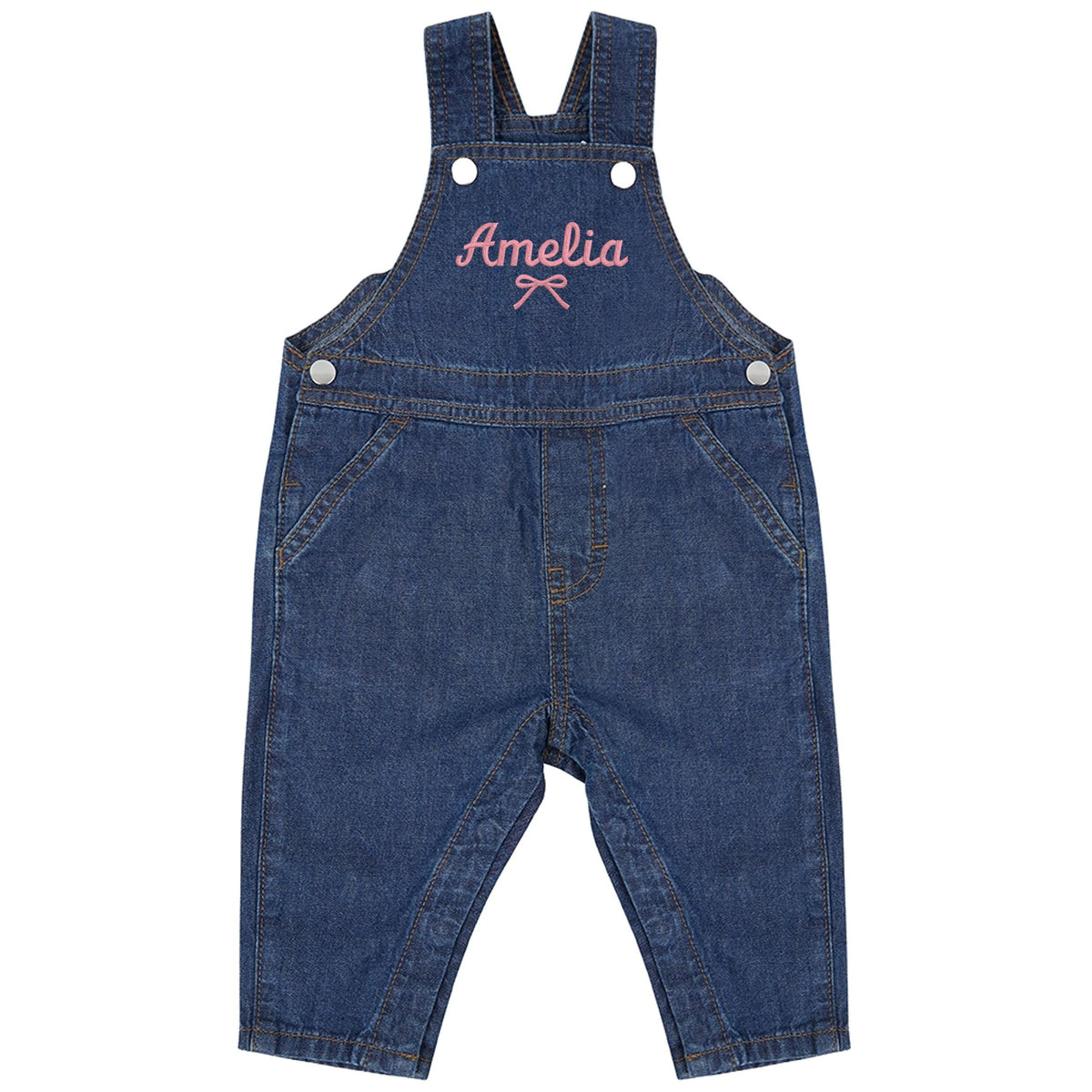 Embroidered Girls Personalised Pink Bow Name Baby & Toddler Cotton Denim Dungarees Custom Text Gift