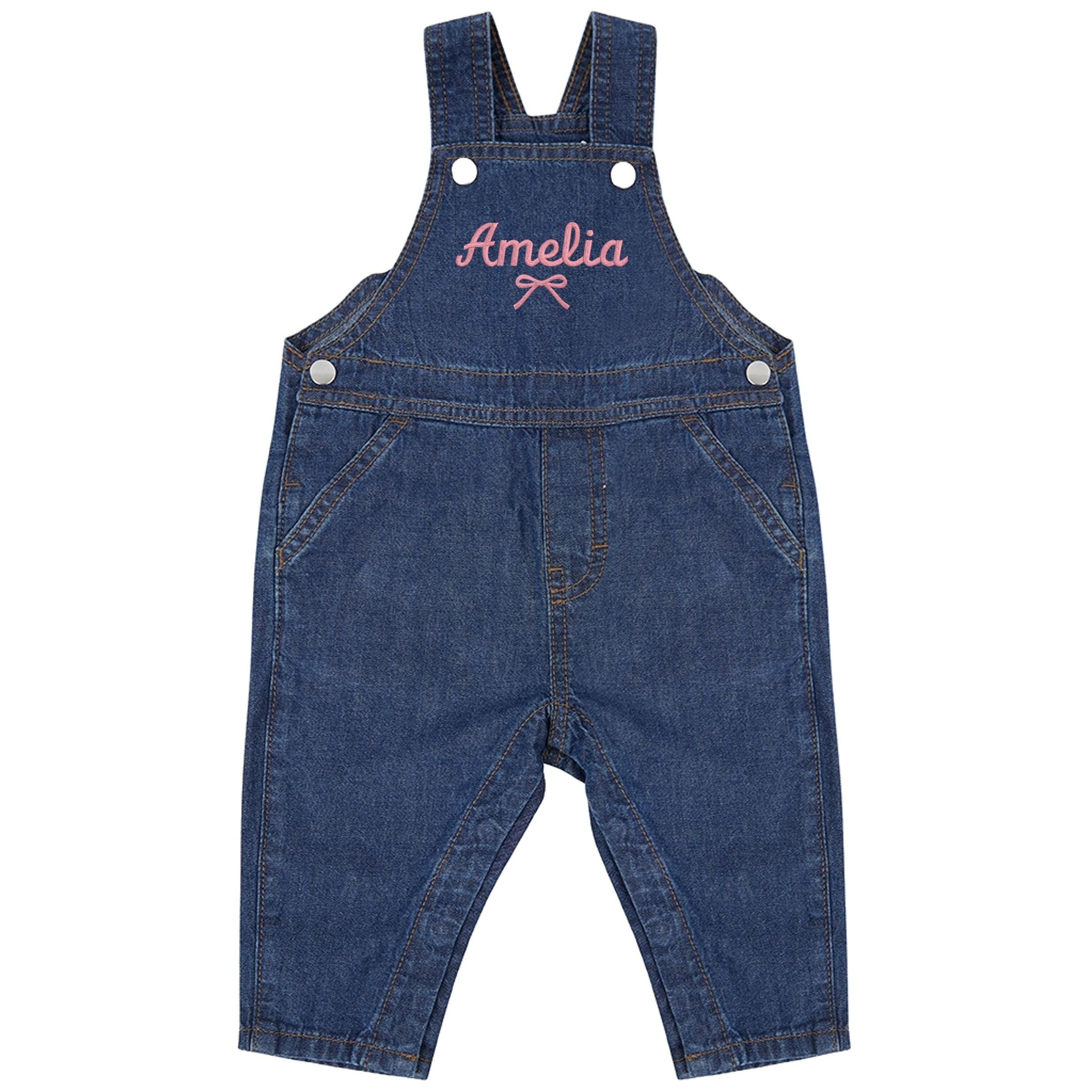 Embroidered Girls Personalised Pink Bow Name Baby & Toddler Cotton Denim Dungarees Custom Text Gift