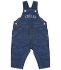 Embroidered Personalised Name Baby Toddler Denim Dungarees Rainbow Varsity Text