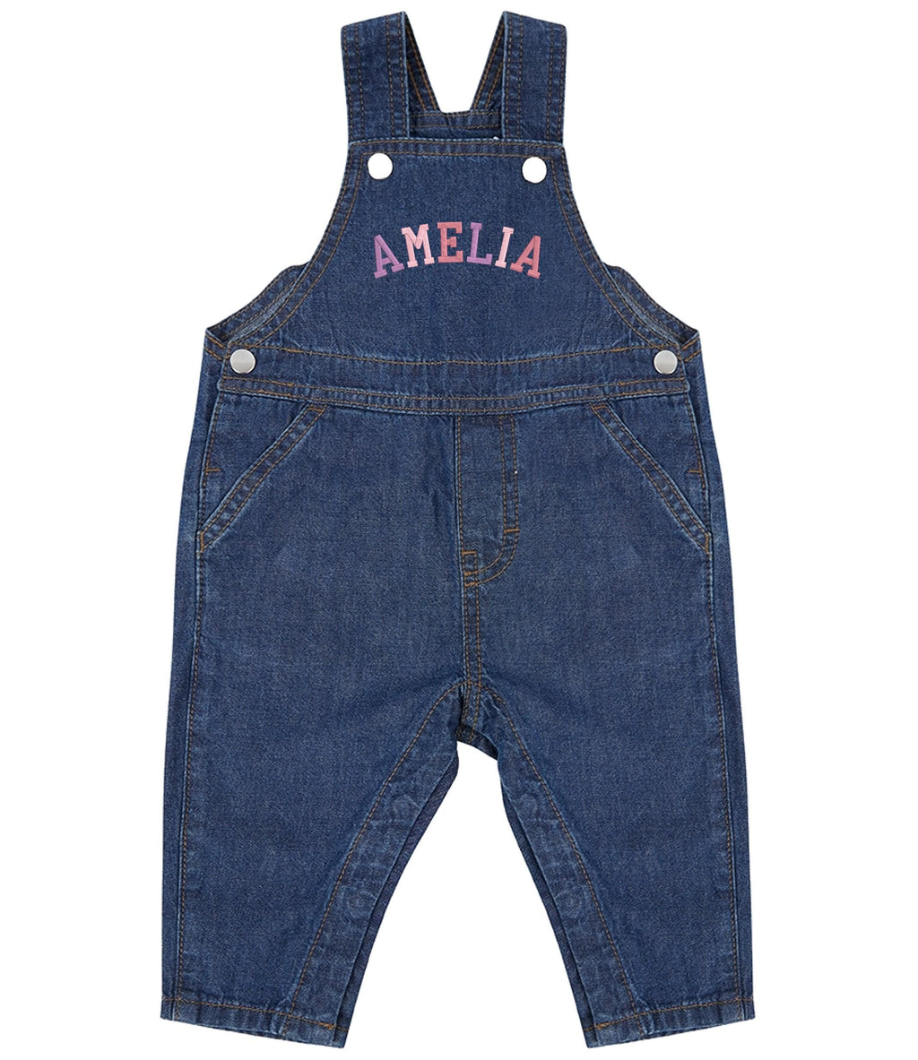 Embroidered Personalised Name Baby Toddler Denim Dungarees Rainbow Varsity Text