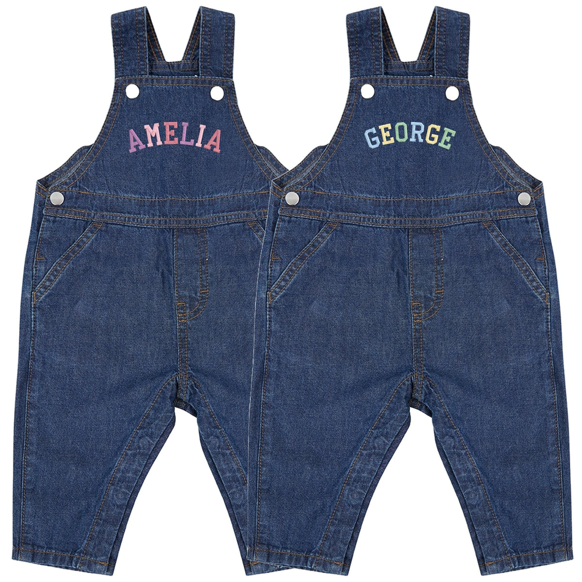Embroidered Personalised Name Baby Toddler Denim Dungarees Rainbow Varsity Text