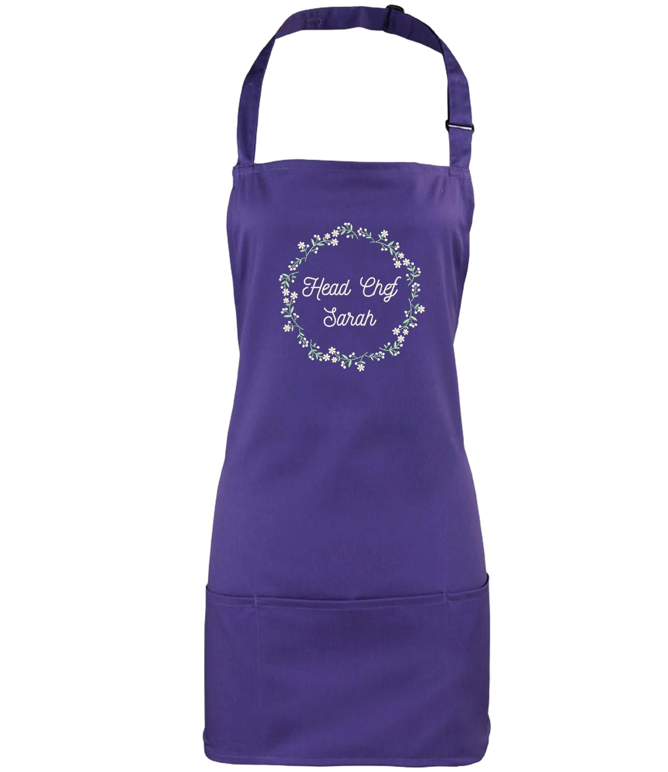 Embroidered Personalised Name Floral Wreath 2 in 1 Short Apron Custom Text Kitchen Baking Gift