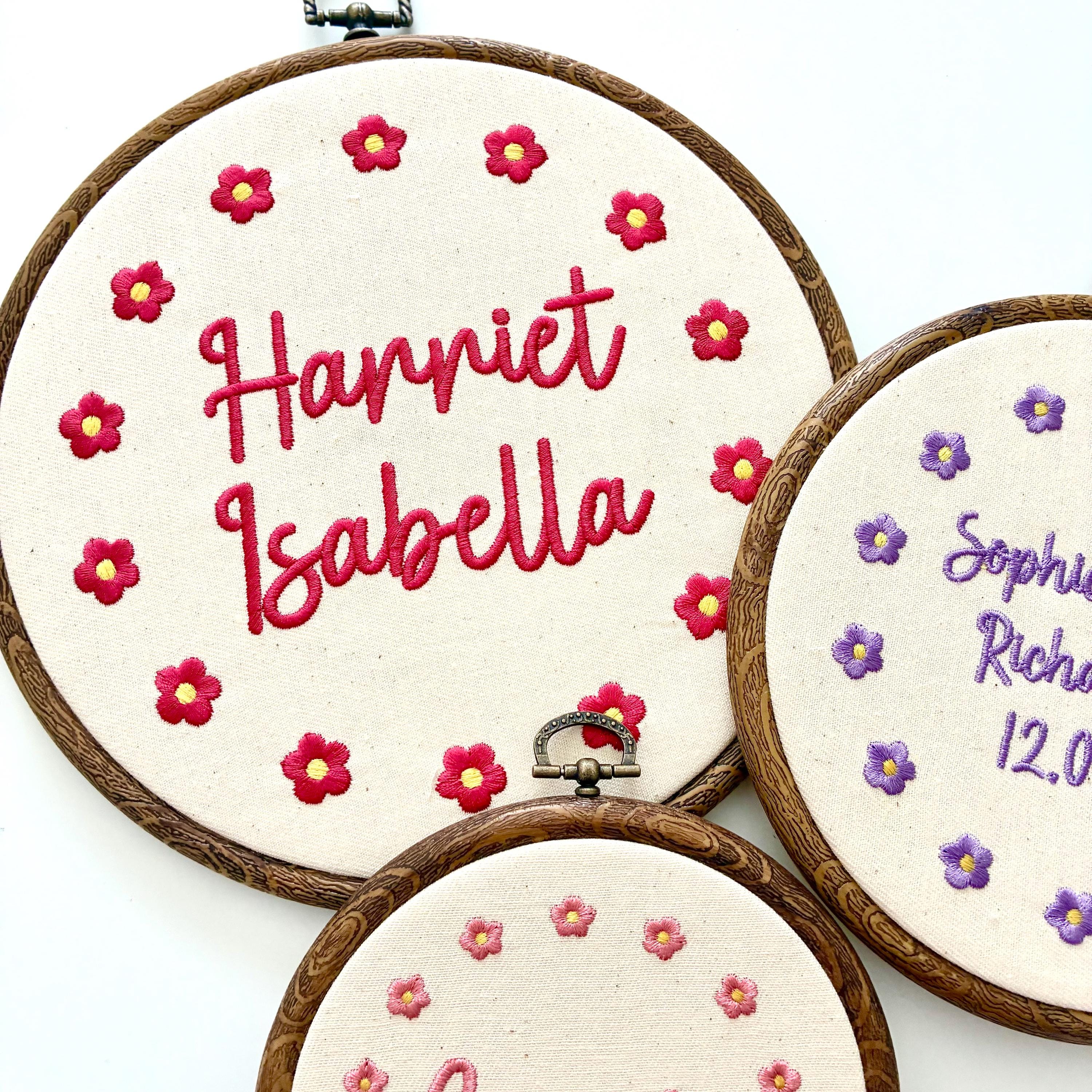 Personalised Floral Embroidery Hoop – Custom Name Embroidered Vintage Art Nursery Decor Baby Shower Birth Announcement Gift