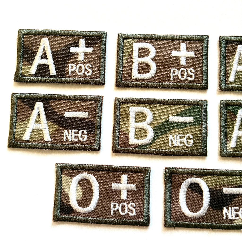 Embroidered Blood Group Camo Patches 50x30mm Sew/Iron/VELCRO® Military Medical Badges