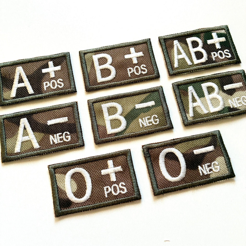 Embroidered Blood Group Camo Patches 50x30mm Sew/Iron/VELCRO® Military Medical Badges