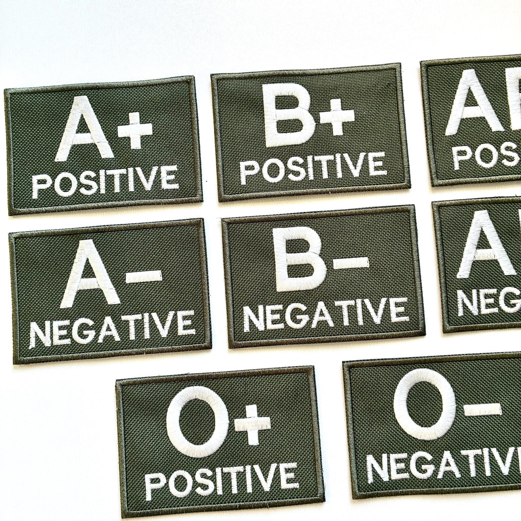 Embroidered Blood Group Olive Patches 90x60mm Sew/Iron/VELCRO® Military Medical Badges
