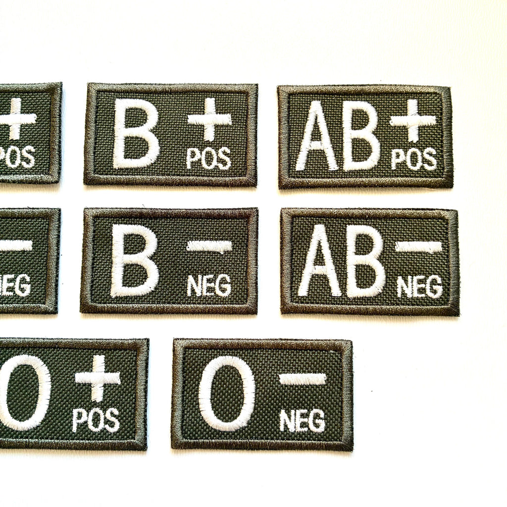 Embroidered Blood Group Olive Patches 50x30mm Sew/Iron/VELCRO® Military Medical Badges