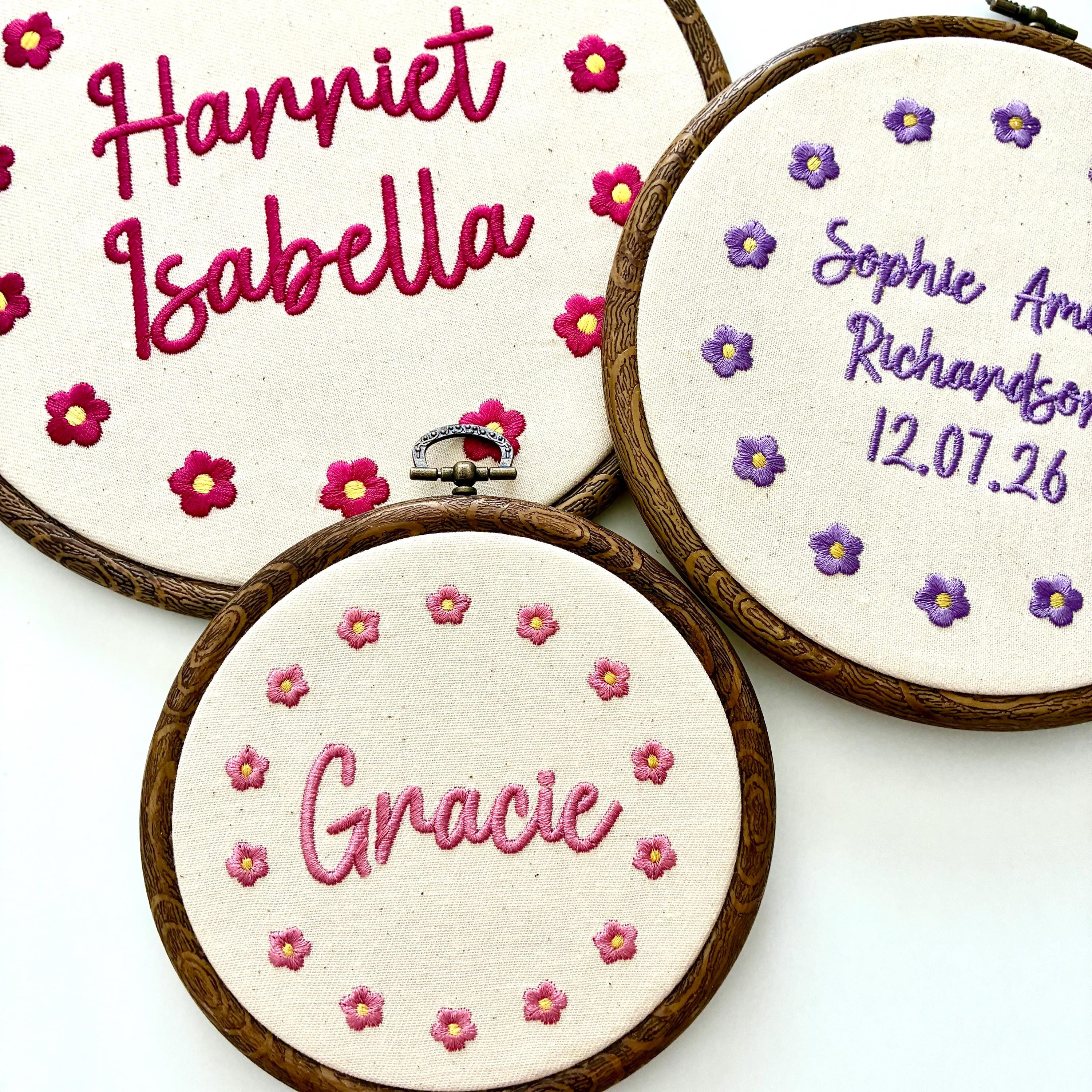 Personalised Floral Embroidery Hoop – Custom Name Embroidered Vintage Art Nursery Decor Baby Shower Birth Announcement Gift