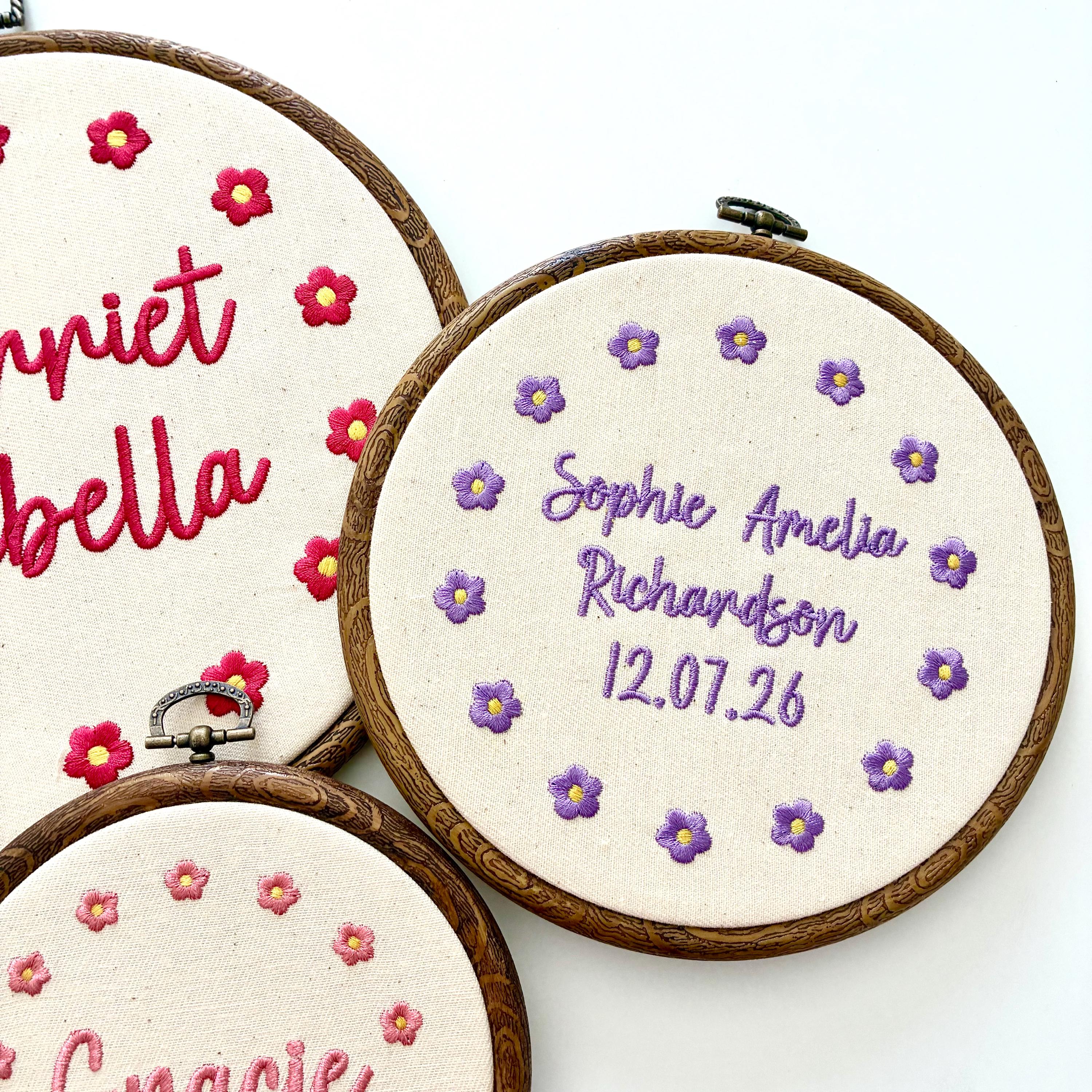 Personalised Floral Embroidery Hoop – Custom Name Embroidered Vintage Art Nursery Decor Baby Shower Birth Announcement Gift