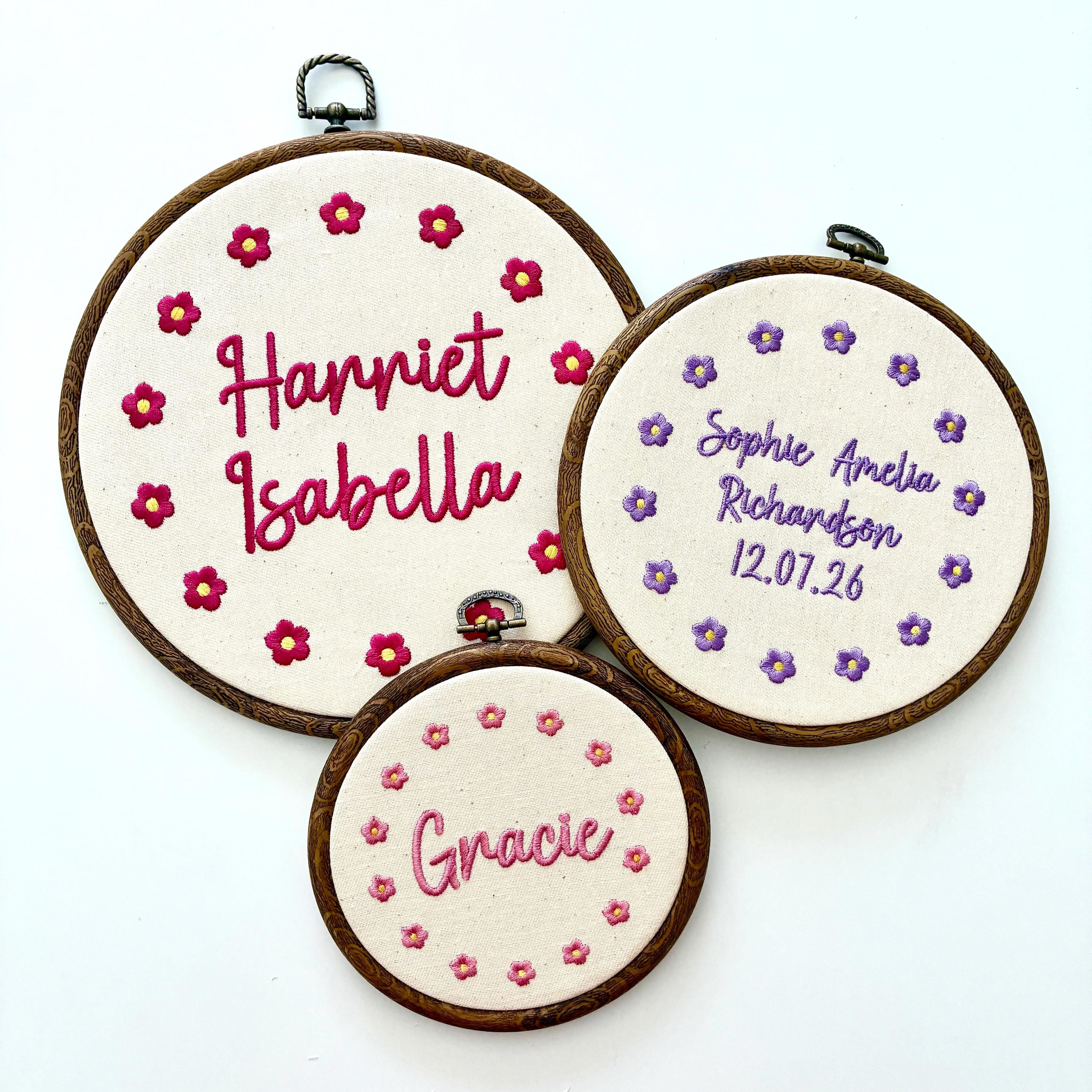 Personalised Floral Embroidery Hoop – Custom Name Embroidered Vintage Art Nursery Decor Baby Shower Birth Announcement Gift