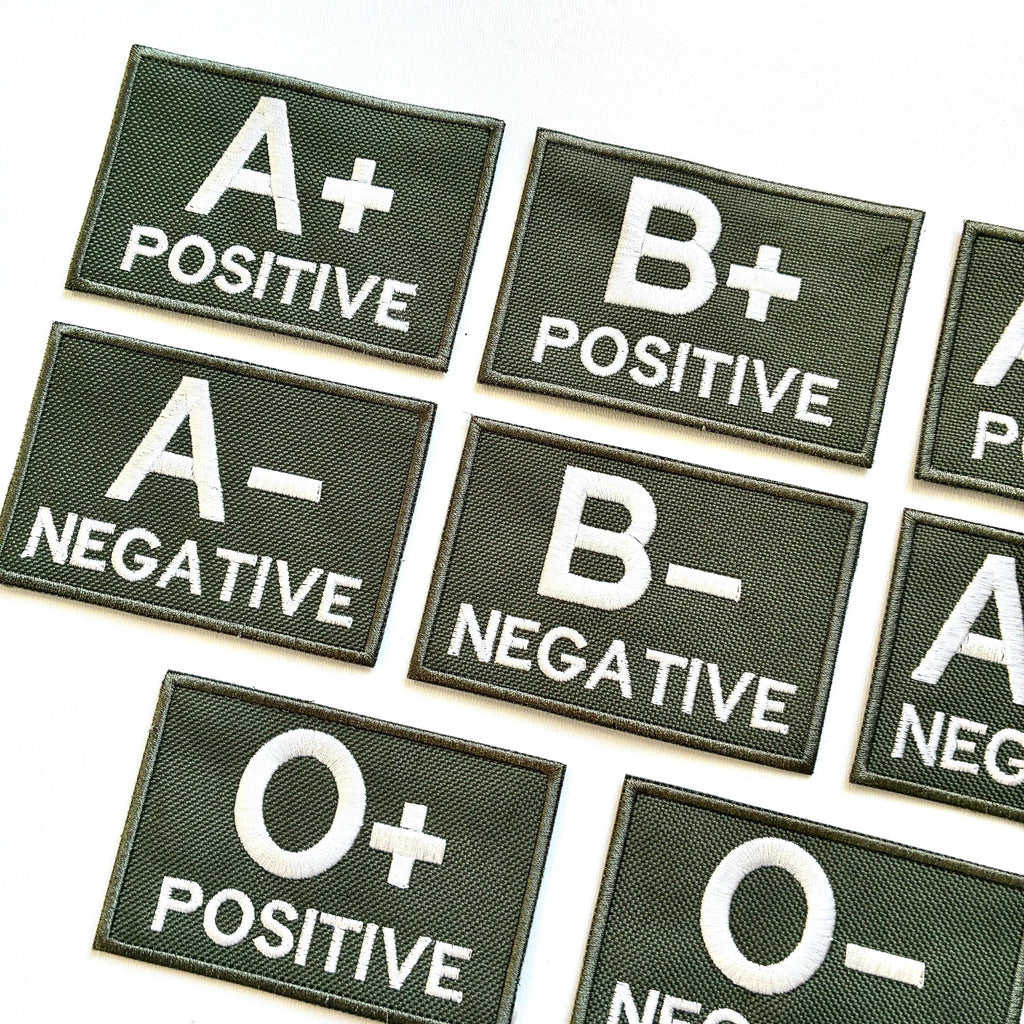 Embroidered Blood Group Olive Patches 90x60mm Sew/Iron/VELCRO® Military Medical Badges