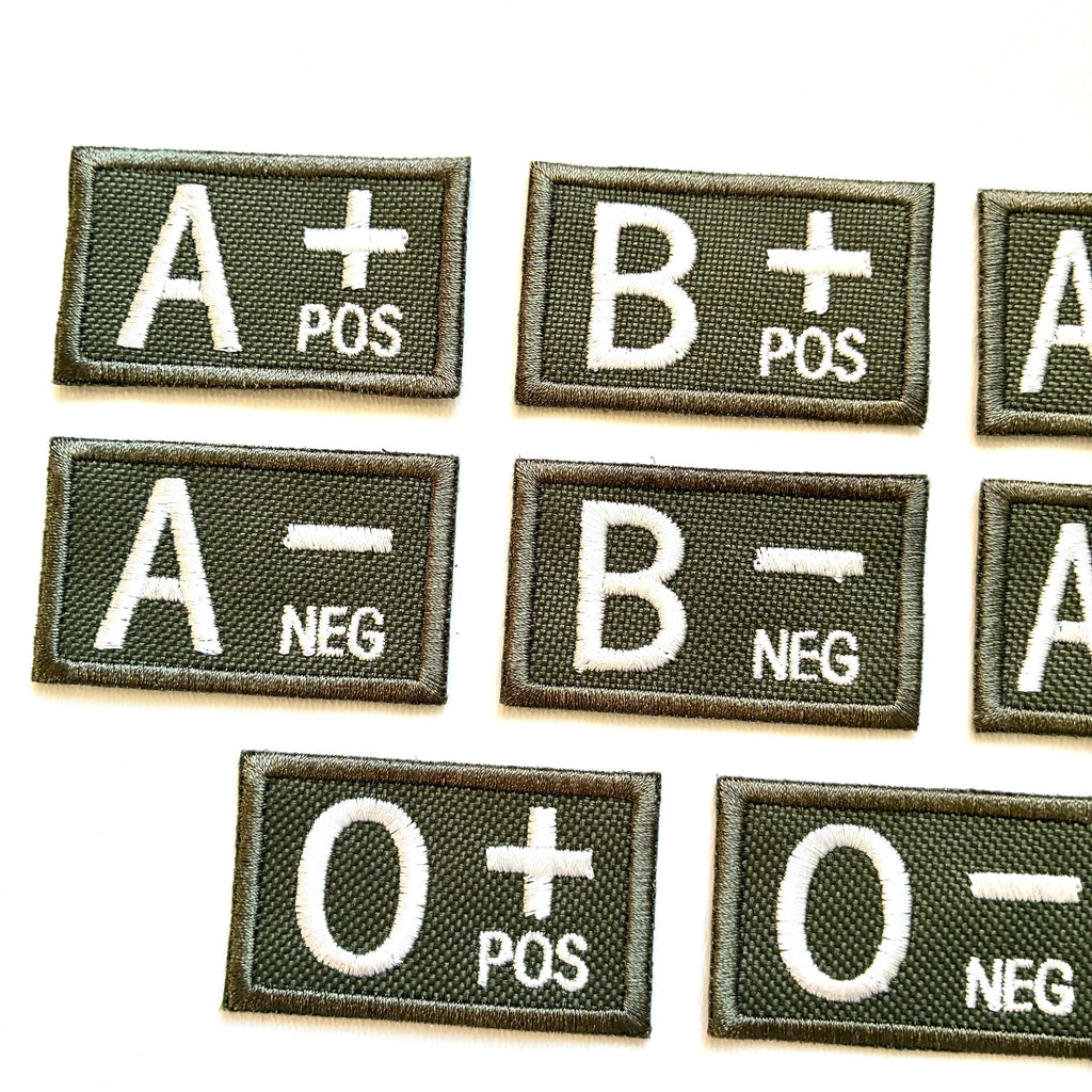 Embroidered Blood Group Olive Patches 50x30mm Sew/Iron/VELCRO® Military Medical Badges