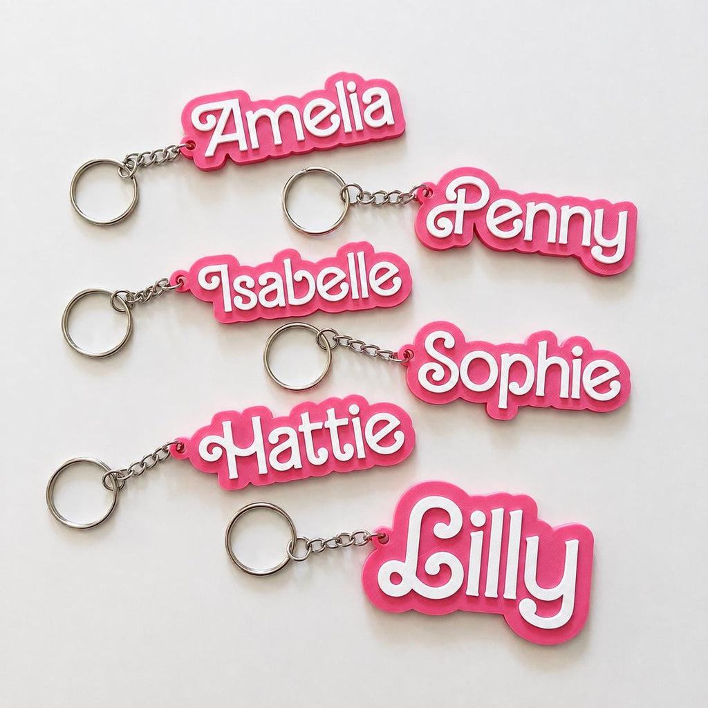 Personalised Name Keyring – Girls Pink Backpack Keychain Kids Party Bag Gifts
