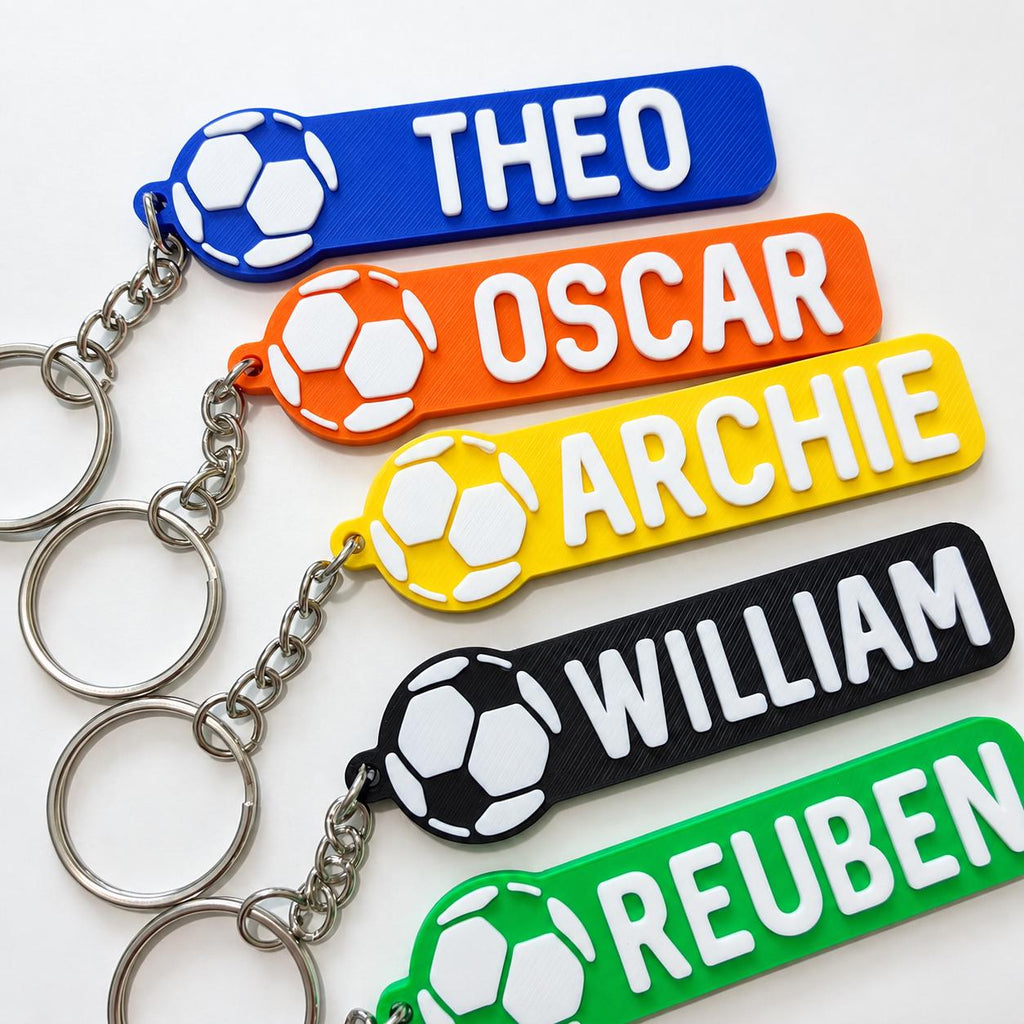 Personalised Name Football Keyrings Kids Backpack Keychain Boys PE Kit Bag Gift
