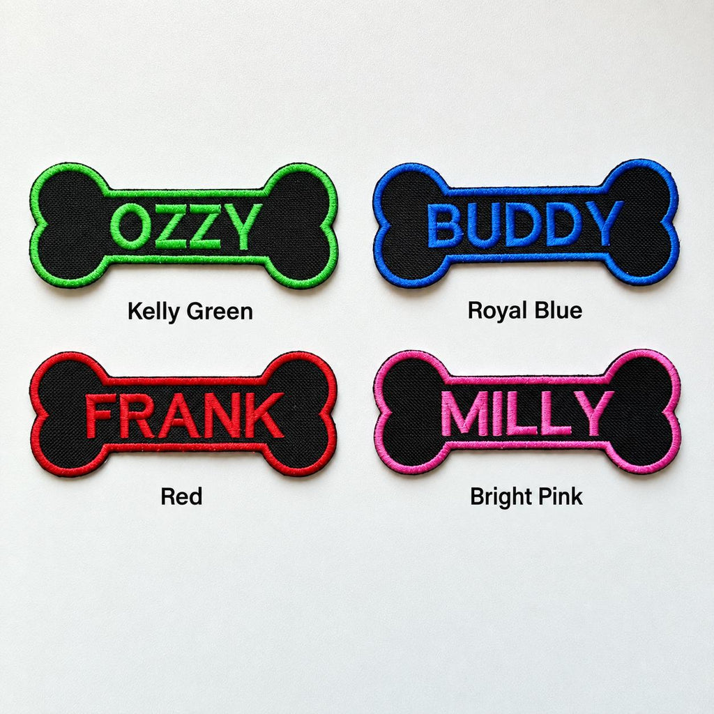 Personalised Embroidered Bone Patches Sew/Iron/VELCRO® Dog Name Harness Badge