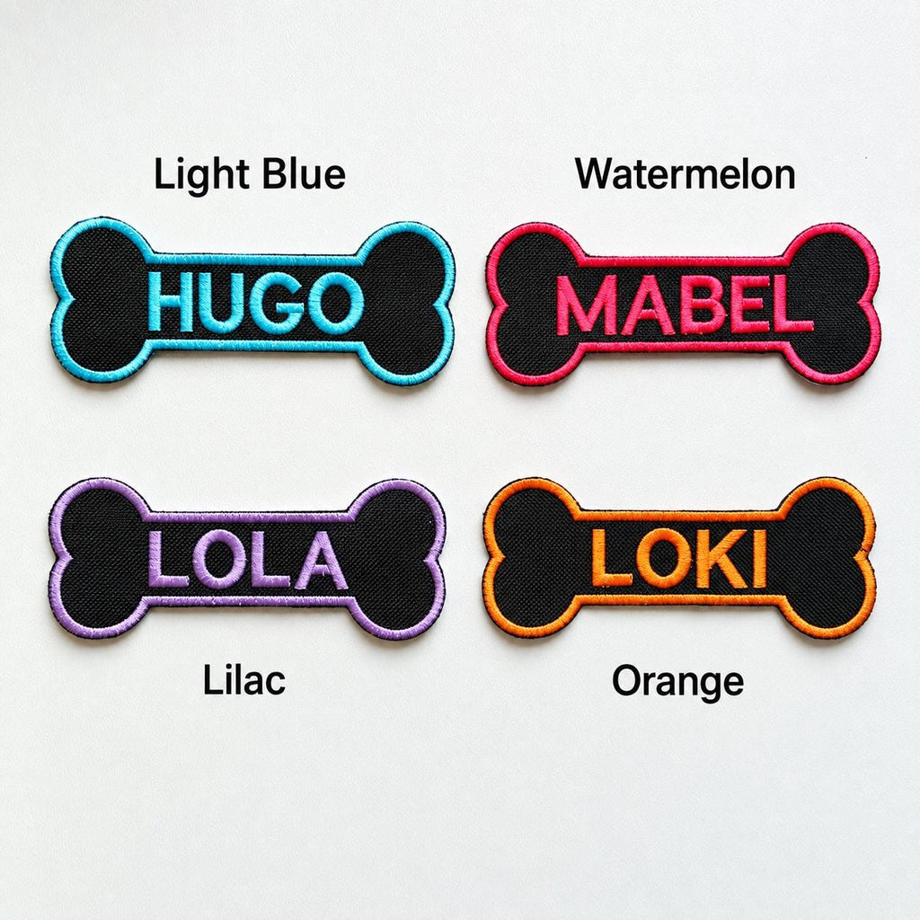 Personalised Embroidered Bone Patches Sew/Iron/VELCRO® Dog Name Harness Badge