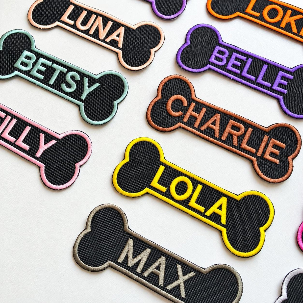 Personalised Embroidered Bone Patches Sew/Iron/VELCRO® Dog Name Harness Badge