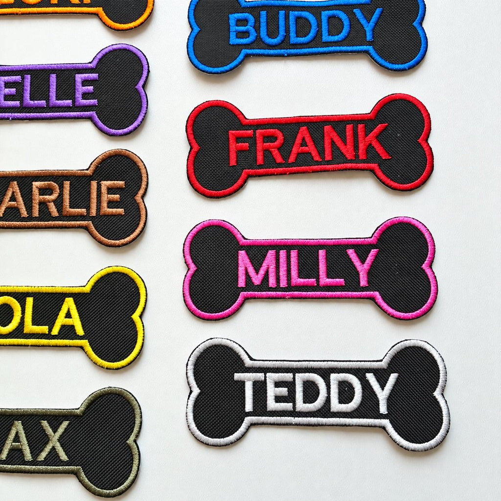 Personalised Embroidered Bone Patches Sew/Iron/VELCRO® Dog Name Harness Badge