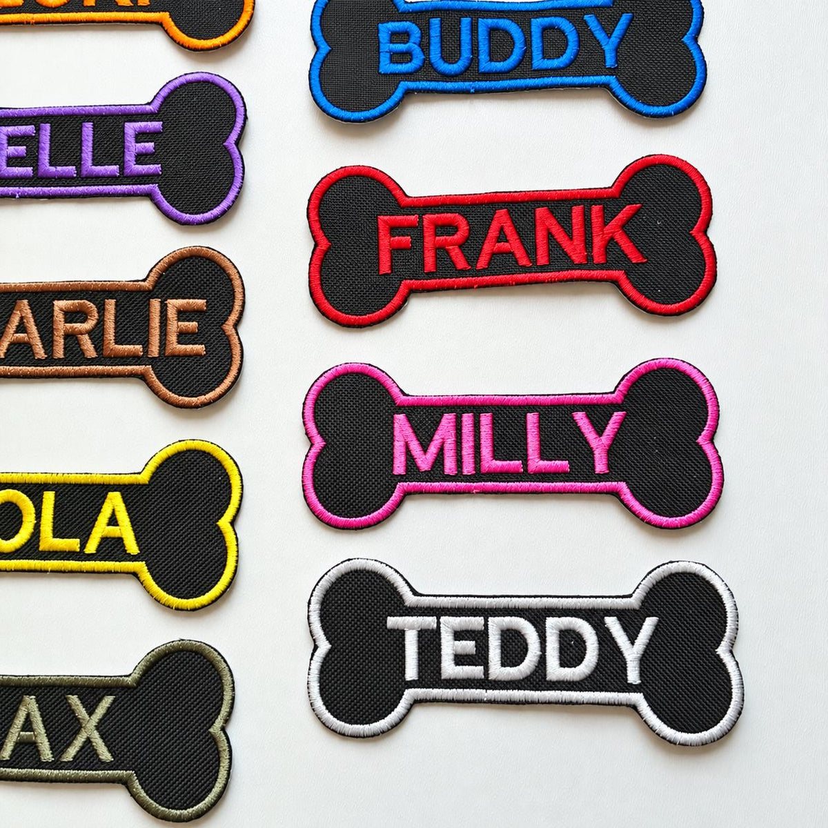 Personalised Embroidered Bone Patches Sew/Iron/VELCRO® Dog Name Harness Badge