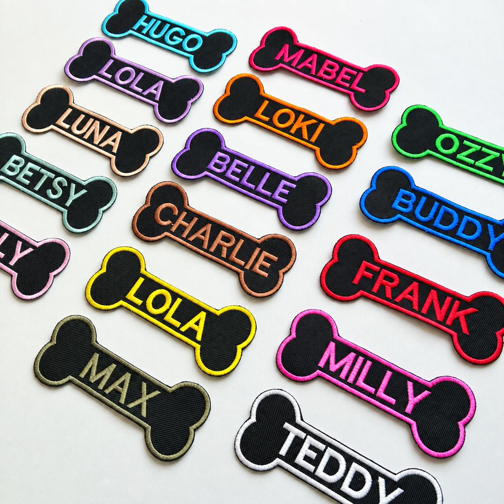 Personalised Embroidered Bone Patches Sew/Iron/VELCRO® Dog Name Harness Badge