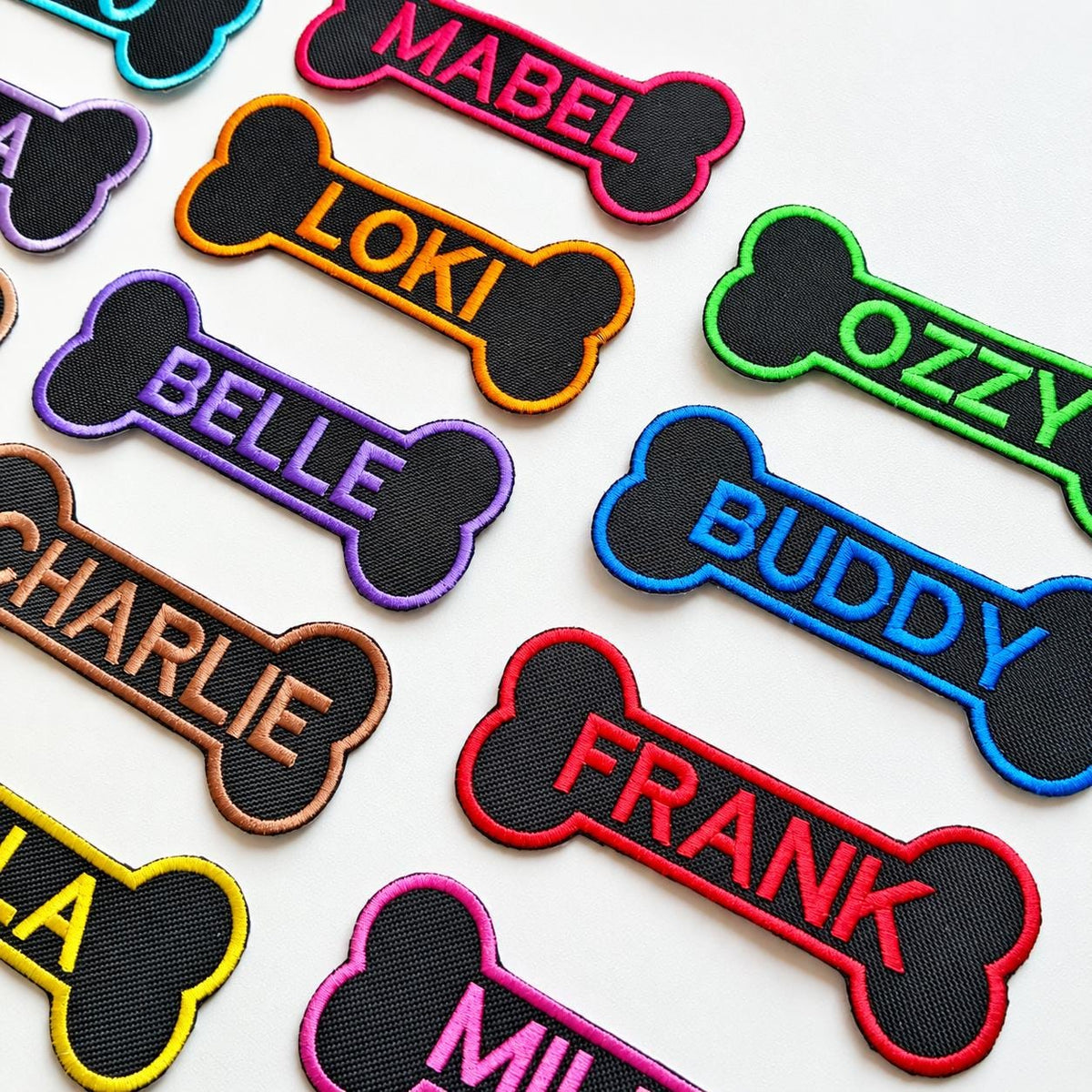 Personalised Embroidered Bone Patches Sew/Iron/VELCRO® Dog Name Harness Badge