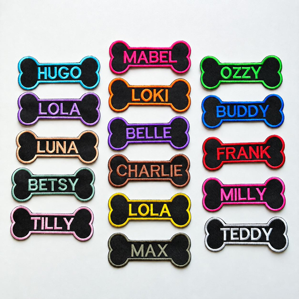 Personalised Embroidered Bone Patches Sew/Iron/VELCRO® Dog Name Harness Badge