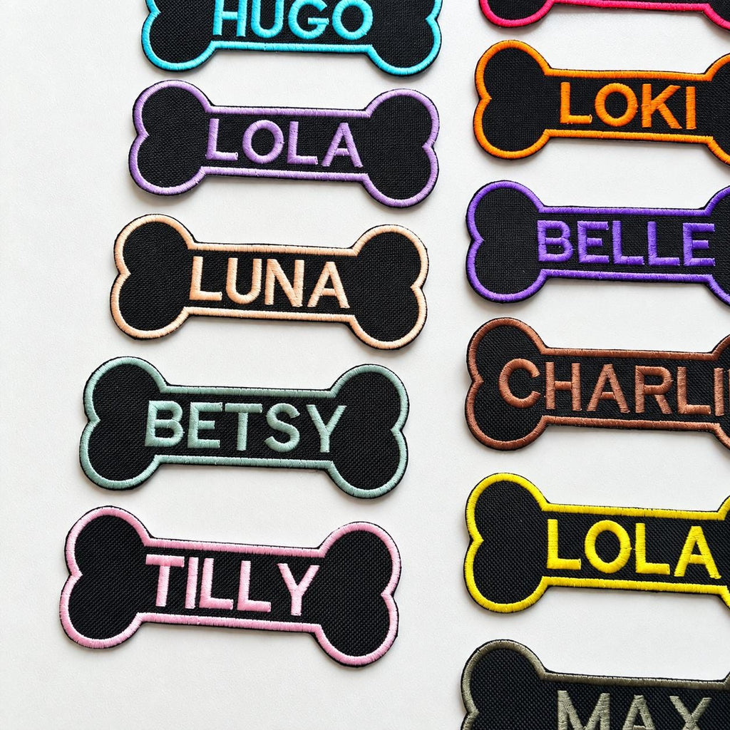 Personalised Embroidered Bone Patches Sew/Iron/VELCRO® Dog Name Harness Badge