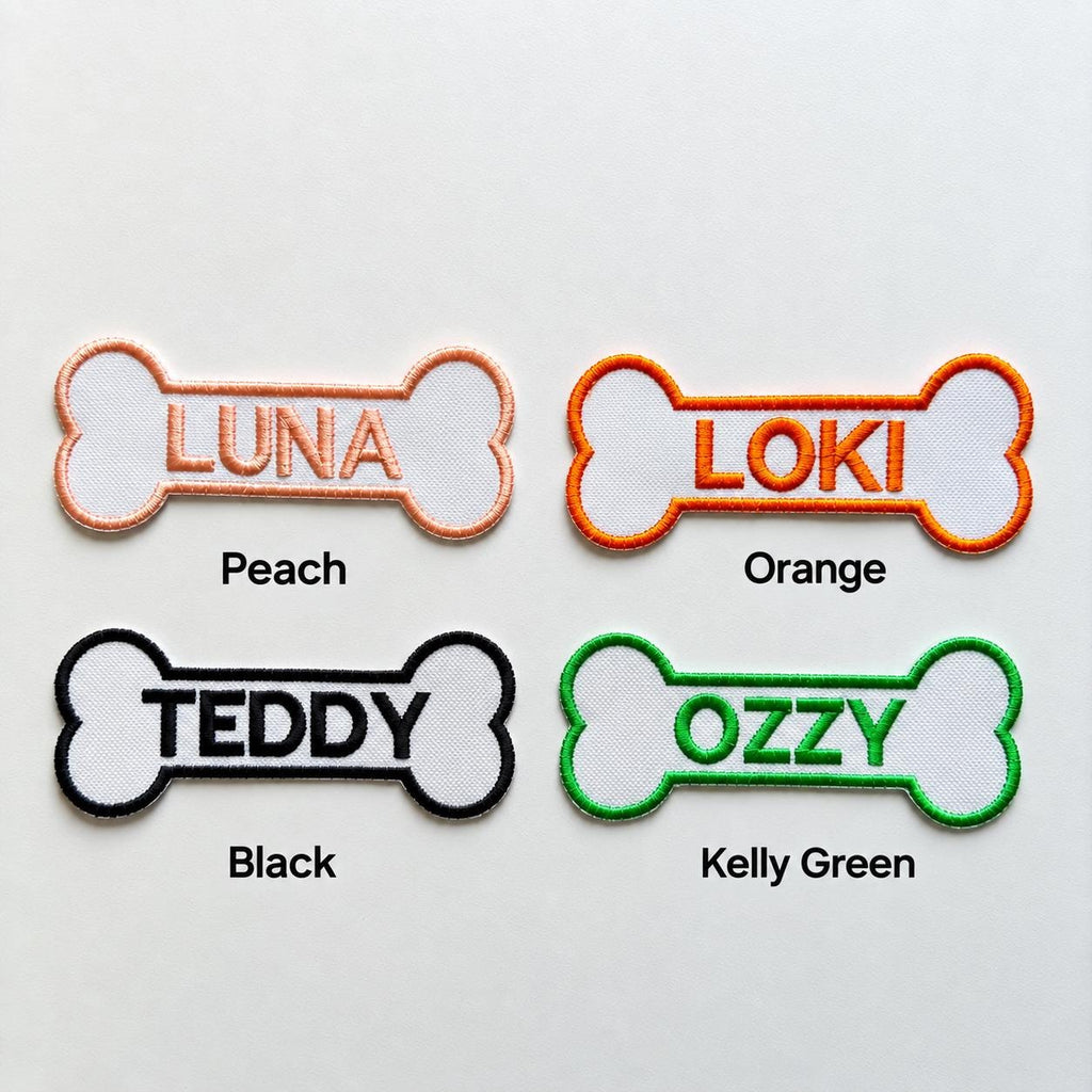 Personalised Embroidered Bone Patches Sew/Iron/VELCRO® Dog Name Harness Badge