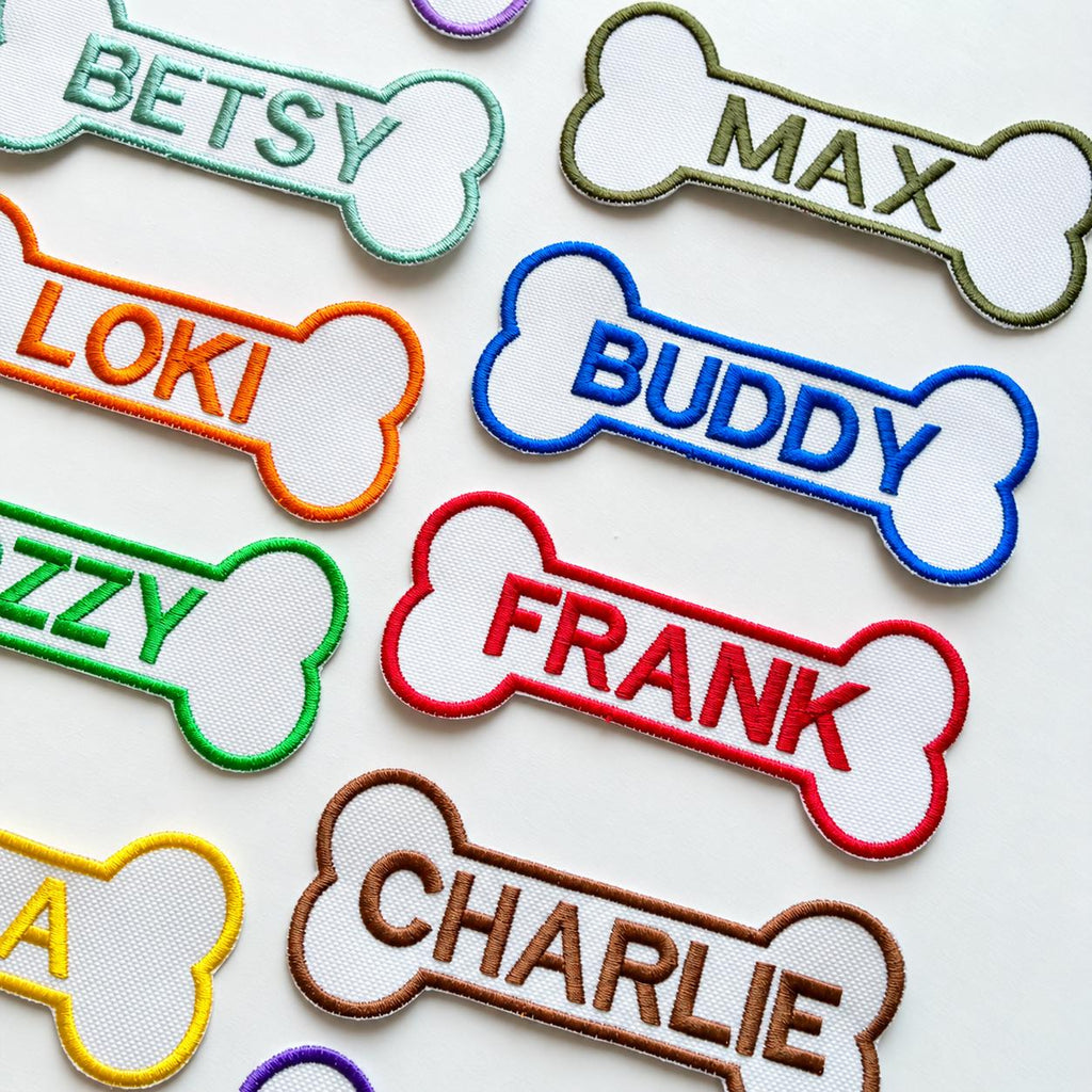 Personalised Embroidered Bone Patches Sew/Iron/VELCRO® Dog Name Harness Badge