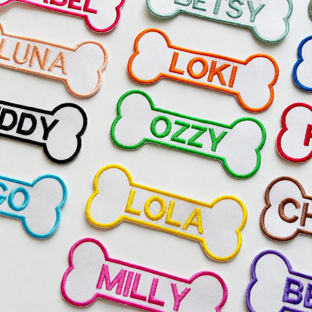 Personalised Embroidered Bone Patches Sew/Iron/VELCRO® Dog Name Harness Badge