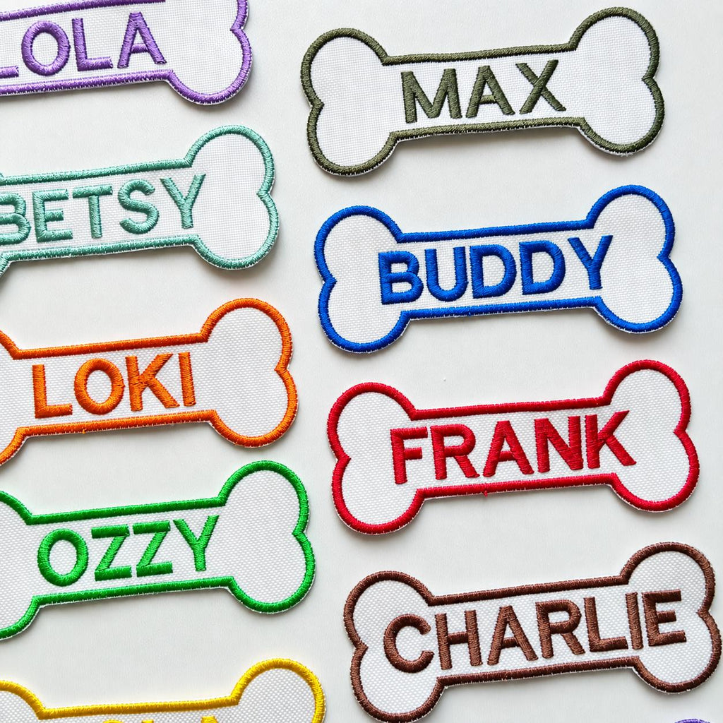 Personalised Embroidered Bone Patches Sew/Iron/VELCRO® Dog Name Harness Badge