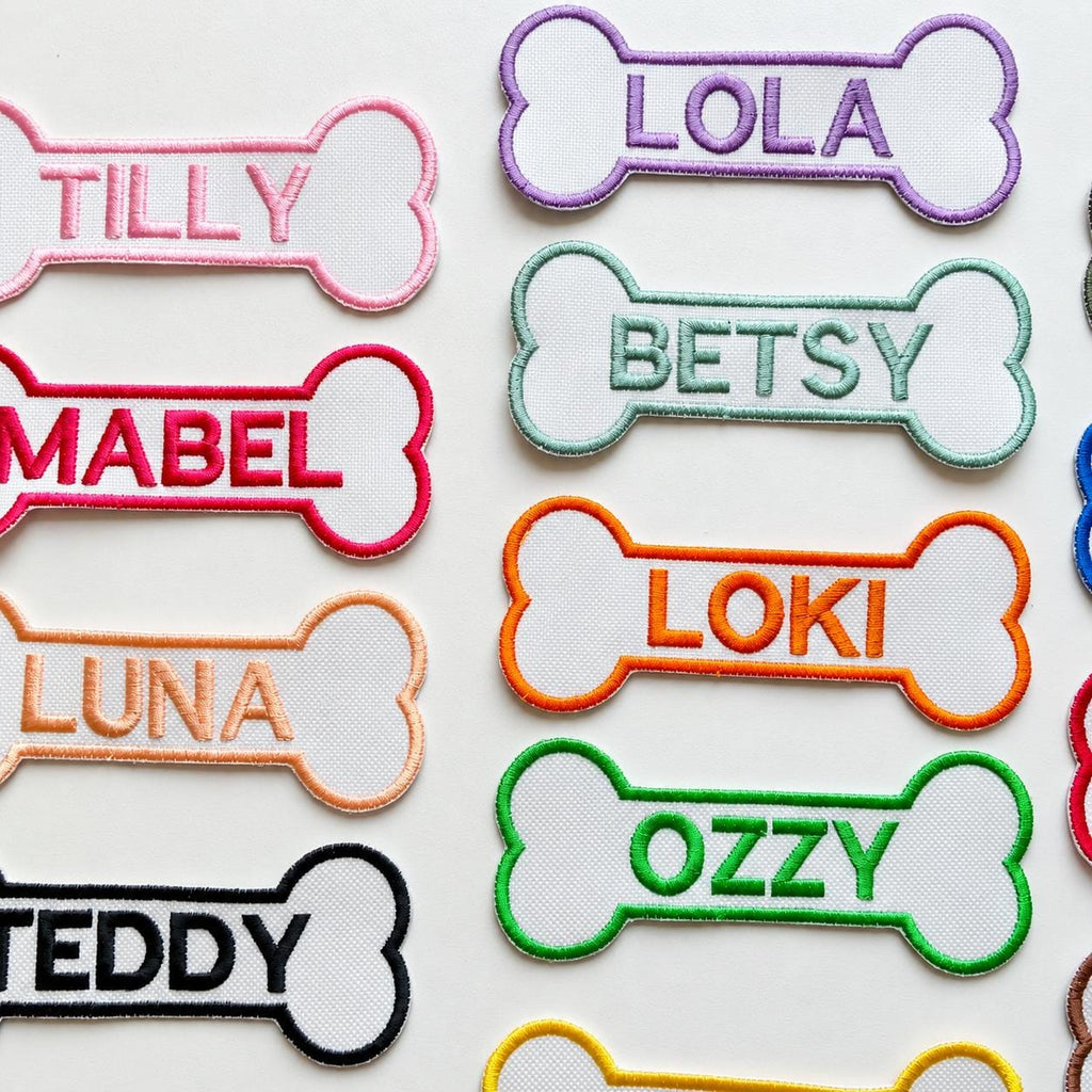 Personalised Embroidered Bone Patches Sew/Iron/VELCRO® Dog Name Harness Badge