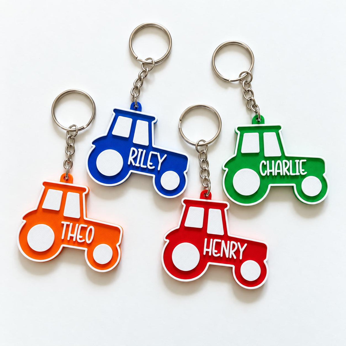 Personalised Name Tractor Keyrings Kids Backpack Keychain Boys PE Kit Bag Charm Gift