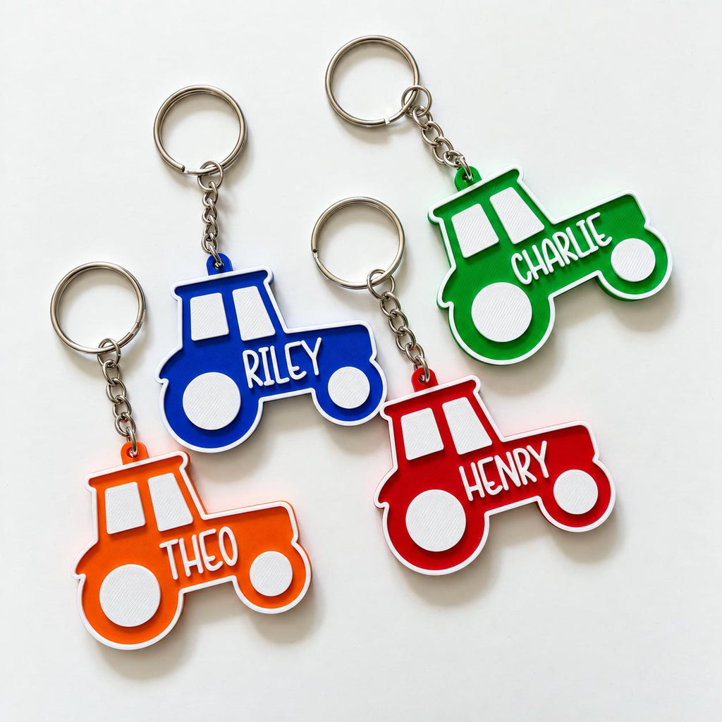 Personalised Name Tractor Keyrings Kids Backpack Keychain Boys PE Kit Bag Charm Gift