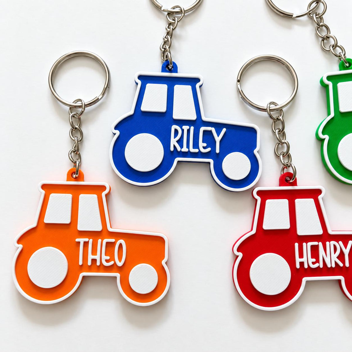Personalised Name Tractor Keyrings Kids Backpack Keychain Boys PE Kit Bag Charm Gift